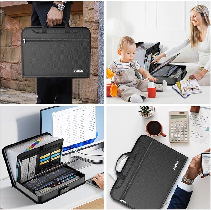 DocSafe 5200°F Accordion File Organizer with Lock,Fireproof Water Resistant Expanding File Folder with Multi Pockets,Document Organizer Home Office Travel Safe Storage for Letter Size Files,Black