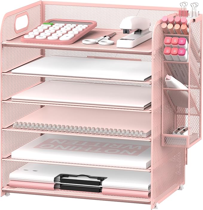 SUPEASY 6 Tier Desk Organizer with 4 Pen Holders, Mesh Paper Organizer Letter Tray with Handle, Desk Organizer Tray File Organizer for A4 File Folder, Rose Pink