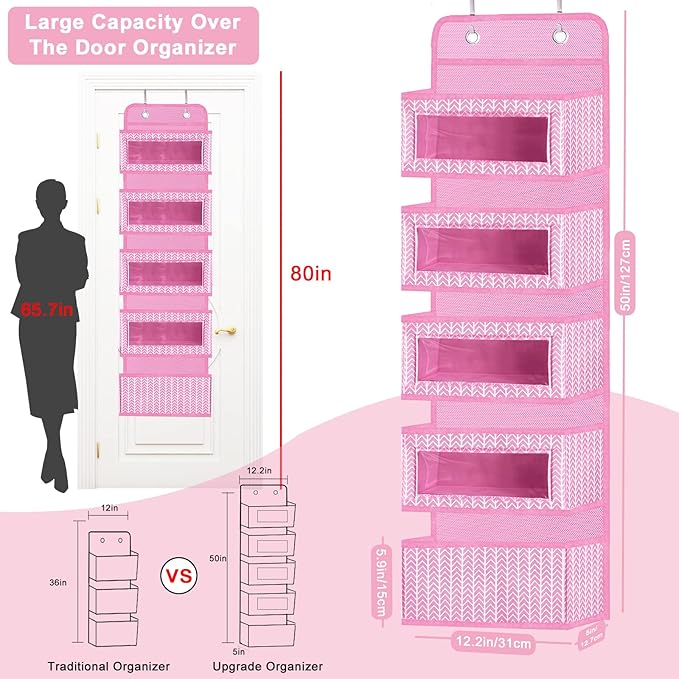 VERONLY Over The Door Hanging Organizer with 5 Large Pockets - Wall Mount Pantry Storage with 2 Big Metal Hooks for Baby Girl’s Diapers Closet, Bathroom, Nursery, Bedroom, Dorm, Baby, Kids Toys (Pink)
