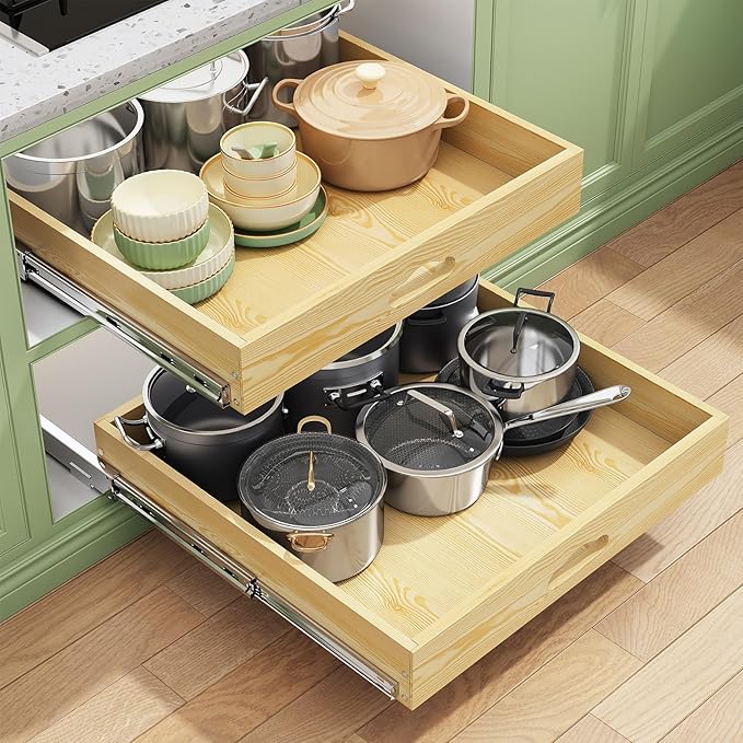 Pull Out Cabinet Organizer, Soft Close Wooden Slide Out Drawers for Pots and Pans, Full-extension Roll Out Shelves for Kitchen Cabinets, Pantry Organization, Bottom & Side Mount( 21"W X 21"D x 3.4''H)