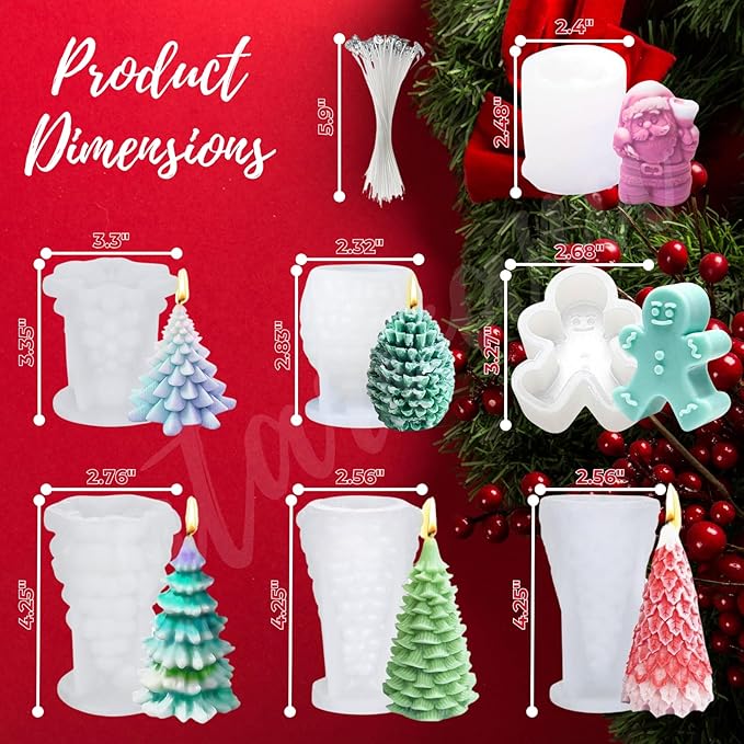 7pcs Christmas Silicone Mold Set for Candle Making, Atarvana 3D Christmas Candle Making Molds with 10pcs Candle Wick-Christmas Trees, Santa Claus, Pine and Ginger Man