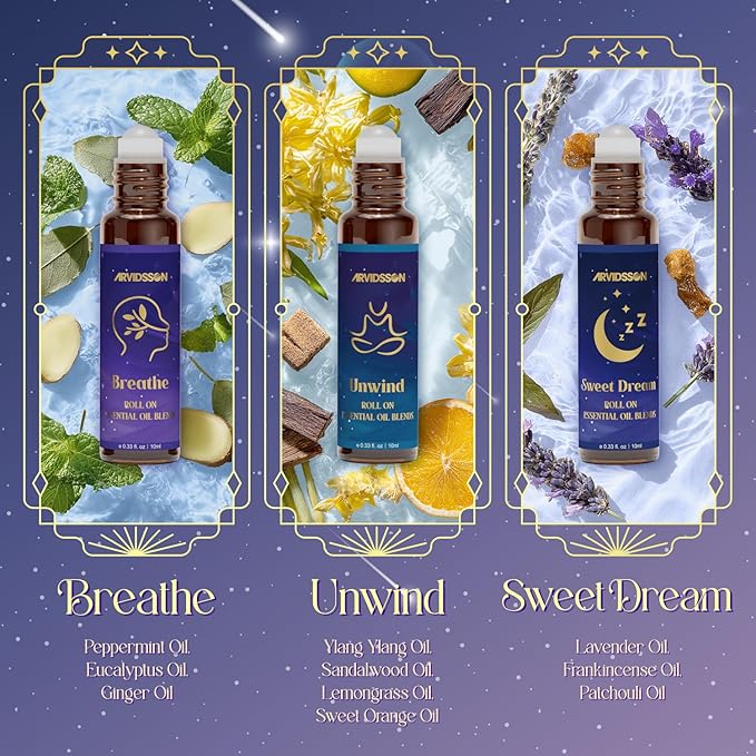 ARVIDSSON Essential Oils Roll On Set, Natural Self Care Essential Oil Blends Gift for Women - Sweet Dream, Unwind, Breahte, Balance, Focus, Happy, Aromatherapy Oil Roller for Body, Massage