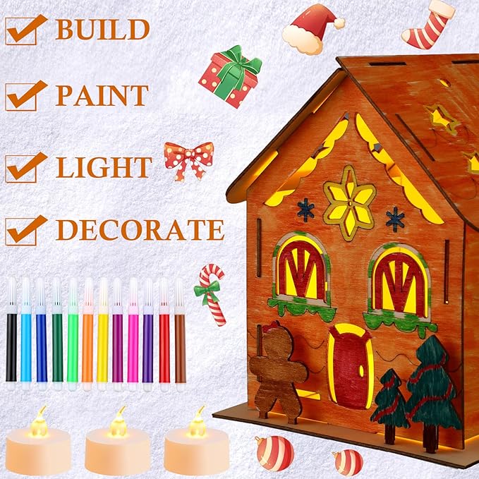 Spiareal 6 Sets DIY Wooden Christmas Gingerbread House Kit with LED Flameless Candles Watercolor Pens Christmas Crafts Wooden Houses to Paint Xmas Tree Ornaments for Fun Activity Art Project