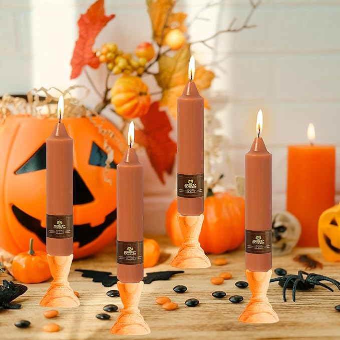 4 Pack Handmade 7 inch Pumpkin Taper Candles Sticks Unscented Short Tapered Candle Ideal as Smokeless Long Burning Candlesticks for Halloween Thanksgiving Dinner Autumn Wedding Home Decor Candles