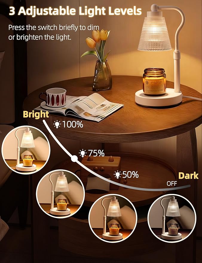 Candle Warmer Lamp for Jar Candles, Height Adjustable & Dimmable with 2/4/8H Timer, 2*50W Halogen Wax Melter Warmer for Home Office Décor, Flameless & Smokeless, Gift for Women Mom,White-Clear/1 Pack