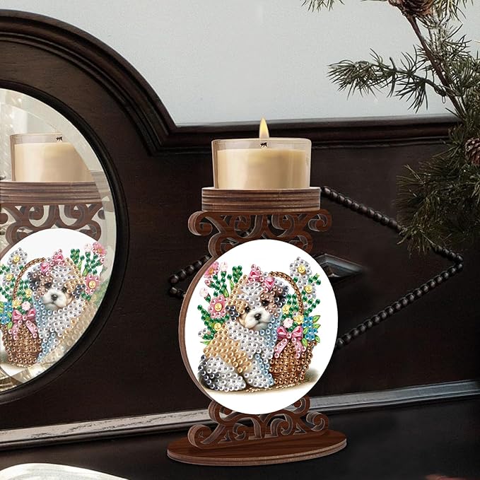 Diamond Art Painting Candlestick Holder kits, Puppy DIY shaped crystal Diamond partial art painting, woodiness Candle holder for AromaRelax & Home Decor, Christmas Halloween Ornaments (Double-Sided)