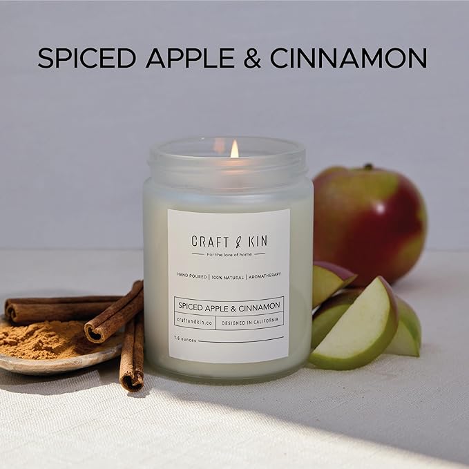 Craft & Kin Apple and Cinnamon Scented Candles | 8 Oz, 45-Hour Long Lasting | Classic Soy Winter Candle with Wood Wick | Made with Natural Soy | Candles Gifts for Men and Women