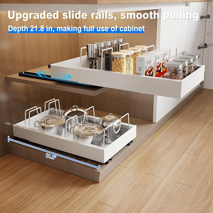 MUSTORN 2 Pack Pull Out Cabinet Organizer with 8 Dividers, 21.8" Deep Slide Out Drawer for Cabinets Adhesive Pull Out Drawers Heavy Duty Pull Out Shelf for Kitchen, Cupboard, Pantry, Bathroom(White)