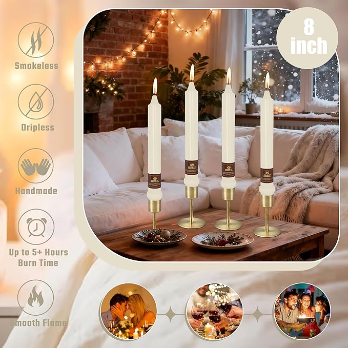 Ivory Candlesticks 8 Inch Handmade Dripless Taper Candles Unscented Colored Candle Set, Pack of 4 - Up to 5 Hours Burn