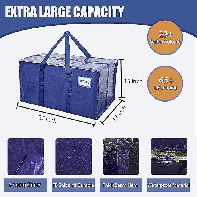 Extra Heavy Duty Moving Bags - 23 Gallon Extra Large Storage Bags 65 lbs Capacity, Waterproof Foldable Packing Bags for College Students, Camping & Closet Organizati (4PCS-Center Zipper)