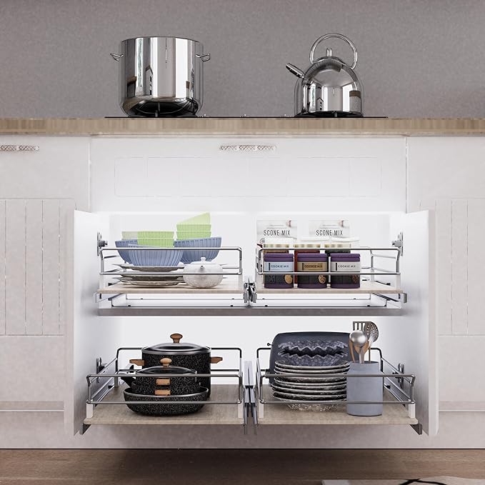 Pull Out Cabinet Organizer 20" W X 22" D, Slide Out Drawers For Kitchen Organizers and Storage, Pull Out Drawers For Cabinets Capacity Heavy Duty Caddy, Cabinet Shelves Wood Chrome, Pantry Storage