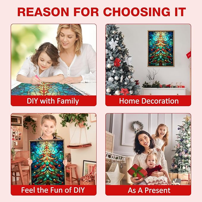 MEIYUDA Christmas Tree Diamond Painting Kits for Adults, 5D Glass Tree Diamond Art Kits for Beginners, DIY Gem Art Crystal Painting for Home Wall Decor and Present 12x16inch