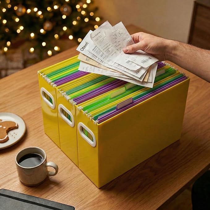 Hanging File Organizer Box, 3 Pack Yellow Cardboard File Folder Holder for Letter Size, Portable Desk Document Storage with Handles, for Office,Home,School