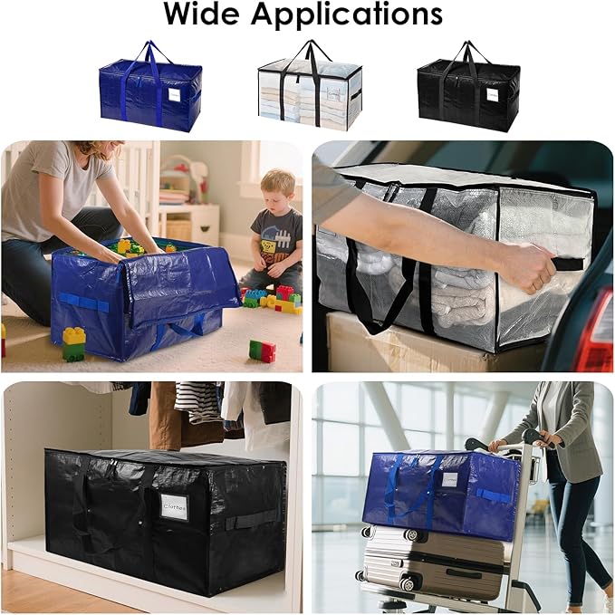 SINLAND 4 Pack Extra Large Heavy Duty Moving Bags with Strong Zippers, Reinforced Handles and Tag Pocket, Packing Totes Supplies for College Dorm Room, Packing Bags for Saving Space(Semi-Transparent)