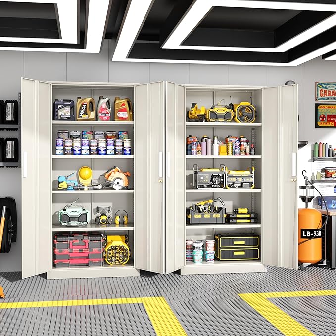 Greenvelly Metal Garage Storage Cabinet, 72” Locking Steel Garage Cabinet with 2 Doors and 4 Shelves, Tool Cabinets, Metal File Cabinet for Home Office, Basement, Classroom, Grey(32" ×16")