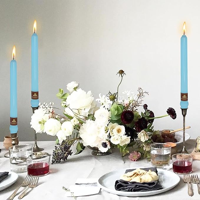 Light Blue Taper Candle 10 Inch Long Candlesticks Unscented Dripless Tapered Candle Set for Home Decor Wedding Party Dinner Candles, 4 Pack