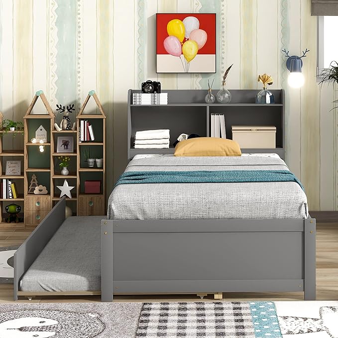 Harper & Bright Designs Twin Bed with Trundle, Twin Bed Frame with Bookcase Headboard, Wood Twin Platform Bed with Pull Out Trundle Bed for Kids Girls Boys, No Box Spring Needed, Grey