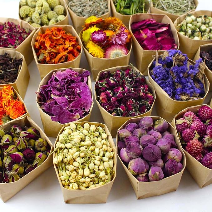 20 Pack*0.28oz Organic Dried Flowers|Linen Bag&Bamboo Clamp,Gluten-Free,Candle Soap Making,Lavender,Pink Rose,Jasmine and More