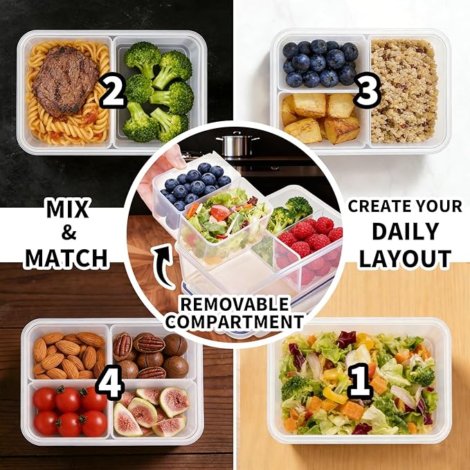 KIGI Lunch Container Set with Small Containers, 3 Compartment Food Storage for Meal Prep & Snacks, Leak-Proof & Airtight lids, BPA-free Plastic, Removable Divided Inserts, Microwave Safe, 24 Piece Set