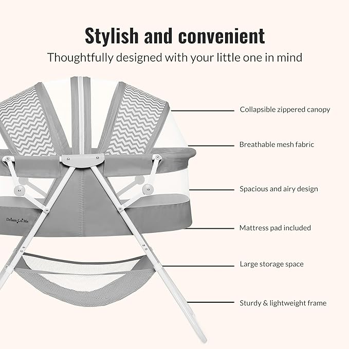 Dream On Me Karley Bassinet, Award Winner Lightweight Travel Baby Bassinet, Foldable Bedside Sleeper, Adjustable Double Canopy, Spacious Design, Soft Fabric, Storage Basket – Dark Gray