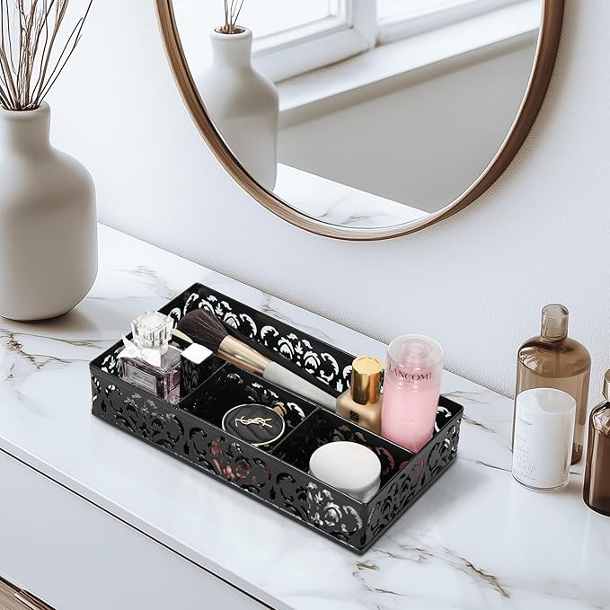 EasyPAG Desk Drawer Organizer with 4 Compartments, Carved Hollow Floral Metal Tray for Office, Jewelry, Cosmetics - No Assembly, Black
