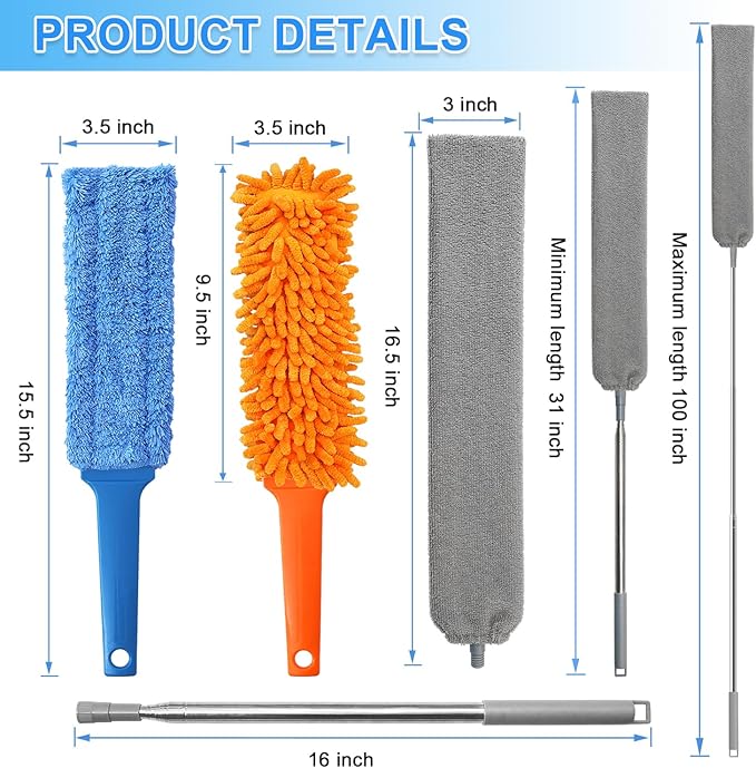 Gap Cleaning Feather Duster - 1 Pack 100 inch Telescoping Gap Dust and 2 Pack 15 inch Gap Cleaning Hand Dusters, Microfiber Feather Duster for House Hold