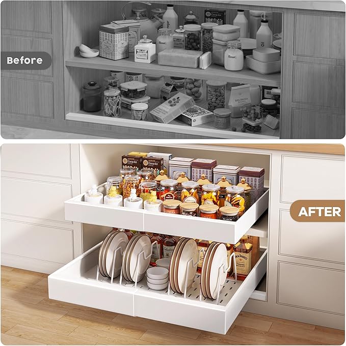 Seinloes 4 Pack Pull out Cabinet Organizer 21"Deep with Raising Pad for Framed Cabinets, Expandable Slide out Drawers for Kitchen Cabinets with 4pcs Divider Racks, Roll out Shelves 12.1"-20.4" W White