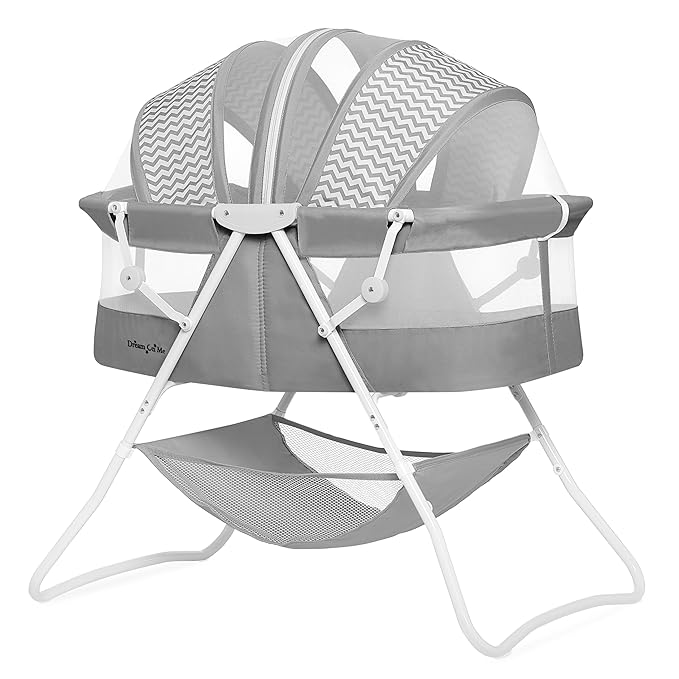 Dream On Me Karley Bassinet, Award Winner Lightweight Travel Baby Bassinet, Foldable Bedside Sleeper, Adjustable Double Canopy, Spacious Design, Soft Fabric, Storage Basket – Dark Gray