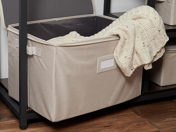 Covermates Keepsakes Zip-Top Storage Box Set, 3 Pack Heavy Duty Polyester Organizer Bins, Stackable Design, ID Window, Reinforced Handles, Closet Home Storage, Beige Heather