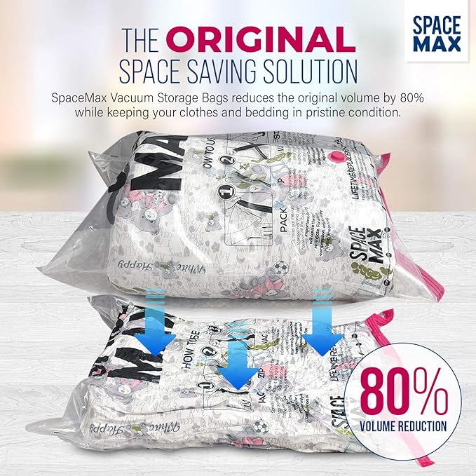 Large 6 Pack | SPACE MAX Premium Space Saver Vacuum Storage Bags - Save 80% More Storage Space - Reusable, Double Zip Seal & Leak Valve, Includes Travel Hand Pump