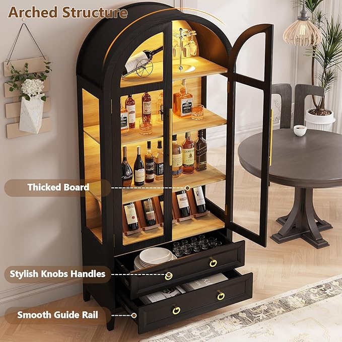 LVSOMT 71" Tall Arched Storage Cabinet with Glass Doors and Drawers, Curio Display Cabinet with Adjustable LED Light & Human Sensor, 4-Tier China Cabinet for Living Room(Black+Wood)