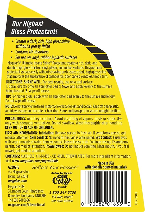 Meguiar's G220216 Ultimate Insane Shine Protectant,Car Cleaning Spray That Creates a Lasting and Glossy Shine,Auto Care Product Safe for Exterior and Interior Surfaces,16 Oz,(Pack of 2)