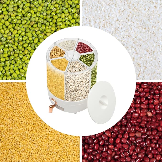 14.33lbs Grain Storage Container Dispenser - 6 Grid 360 Rotating Dry Grain and Cereal Dispenser with Lid for Store Rice, Beans