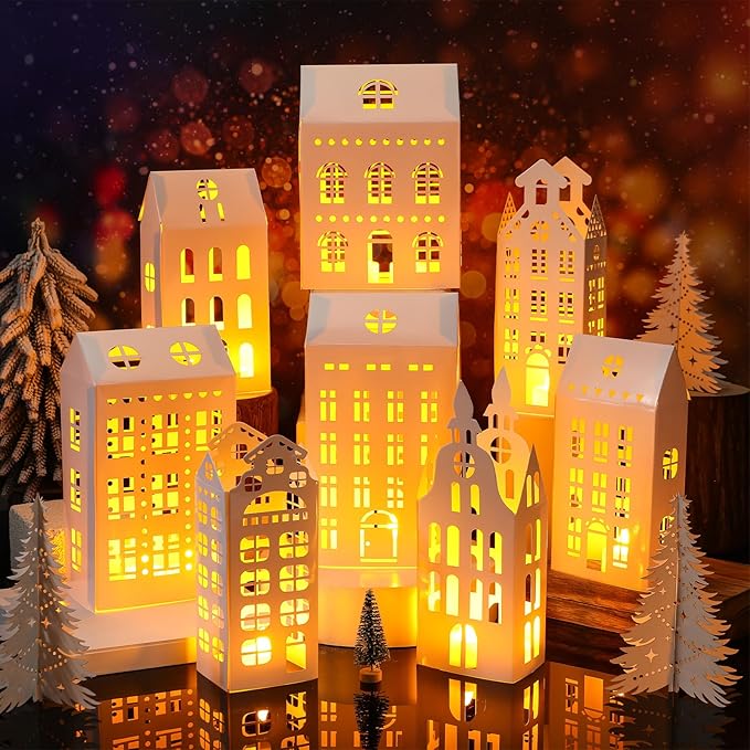 Reallnaive 20 Pcs Large 8" Christmas Cardboard Village Houses Set Xmas DIY Village Houses with LED Candle Paper Home and Tree Figurine Scene Desktop Ornament for Home Party Decor(Retro,White)