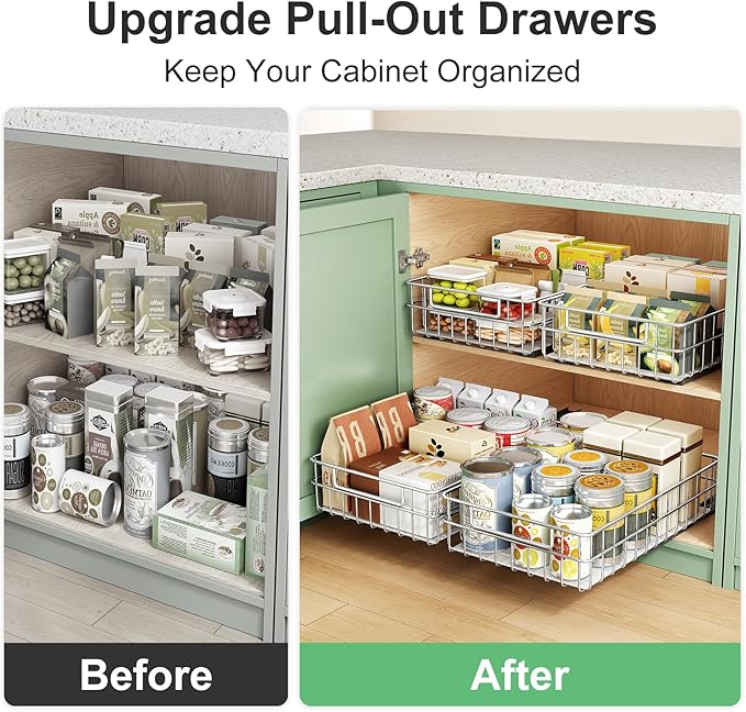 Pull out Cabinet Organizer, Stainless Steel 4-Pack Slide out Drawer with Silent Full-Extension Slides, Adhesive Roll out Can Spice Storage Basket Shelf Rack for Pantry, Kitchen, Bathroom, Home Closet