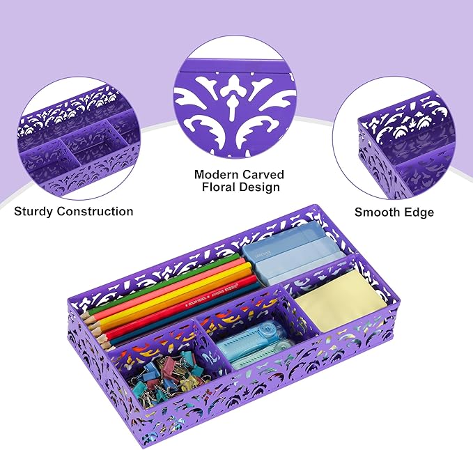 EasyPAG Desk Drawer Organizer with 4 Compartments, Carved Hollow Floral Metal Tray for Office, Jewelry, Cosmetics - No Assembly, Purple