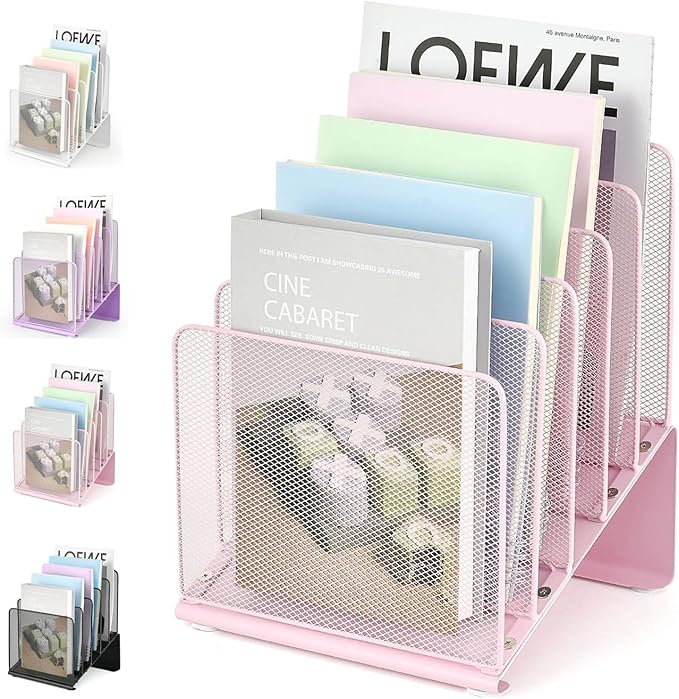 LEKETREE File Organizer for Desk, Desk Organizer with 5-Section Vertical File Rack, Folder Organizer,Workspace Organizers (Pink)