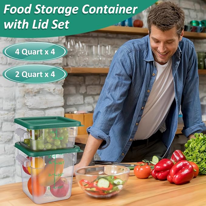 Yungyan 16 Pcs Restaurant Food Storage Containers with Lids Set 2Qt and 4Qt Commercial Restaurant Square Storage Containers Clear Food Cereal Container for Kitchen Freezer (Green Lids)
