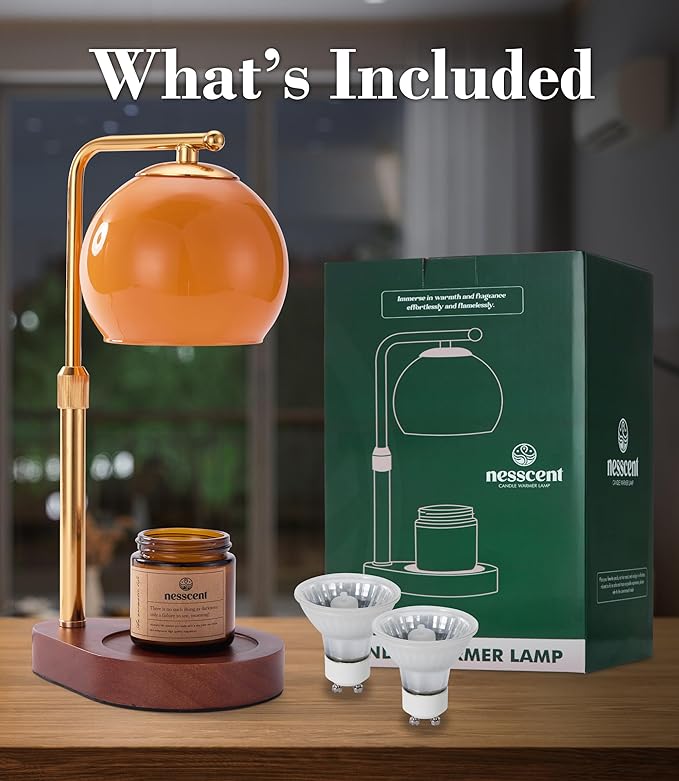 Amber Glass Candle Warmer Lamp Adjustable Height Dimmer 2 4 8 Hour Timer Dark Wood Base Wax Melter Includes Scented Candle and 2 Bulbs for Cozy Bedroom Living Room Home Decor