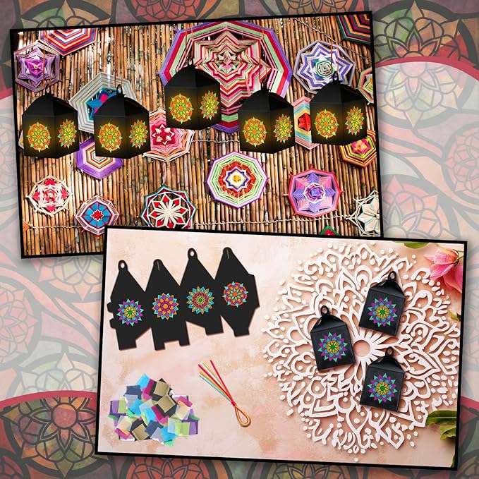 Simgoing 24 Sets Mandala Crafts with LED Candle Light Mandala Flower Tissue Paper Crafts Kits DIY Your Own Suncatchers Lanterns Hanging for Home Birthday Party Decoration Gifts Art Activities