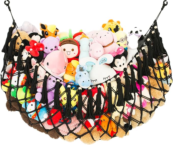Stuffed Animal Hammock Wall Mounted Hanging Net for Stuffed Animal Storage Holder Handmade Macrame Toy Hammock Boho Nursery Organizer Plushies Net(Black)