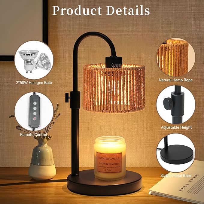 FINCMY Boho Candle Warmer Lamp, Adjustable Height Candle Wax Warmer with Timer, Candle Lamp Warmer for Jar Candles, House Warming Gifts Brithday Gifts for Women Bedroom Home Decor (Rattan)