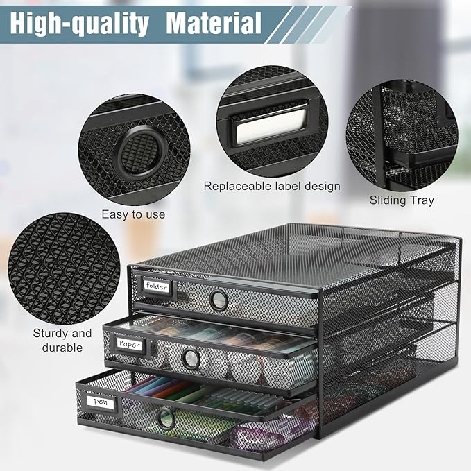 Zhanmai 1 Pack Black Desk Organizer with Drawer Total Wire Mesh Storage Tray Multifunctional Paper Sorter File Stand for Home Office Supplies Letter A4 Paper Office Accessories Back to School (3 Tier)