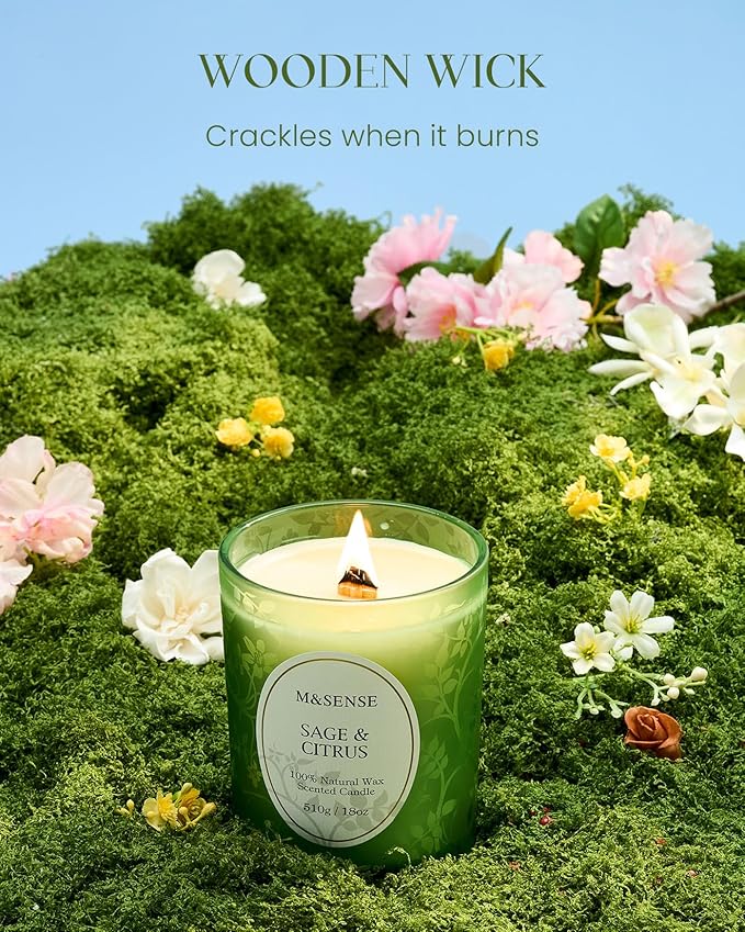 M&SENSE Sage Citrus Soy Candle, Cracking Wooden Wick 18oz 100 Hours Long Lasting Clean Burn, Large Jar Winter Aromatherapy Candle for Home Decor, Non-Toxic Relaxing Gifts for Women