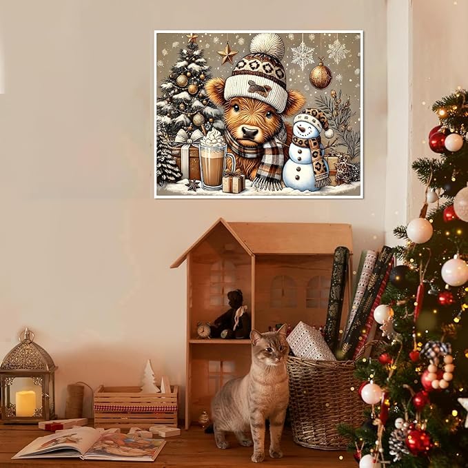 TCDZMYGS Christmas Paint by Numbers Kit for Adults Beginner,Highland Cow Paint by Number Kits with Frame,DIY Acrylic Oil Painting by Numbers for Home Wall Decor 9.5 x 11.8 inch