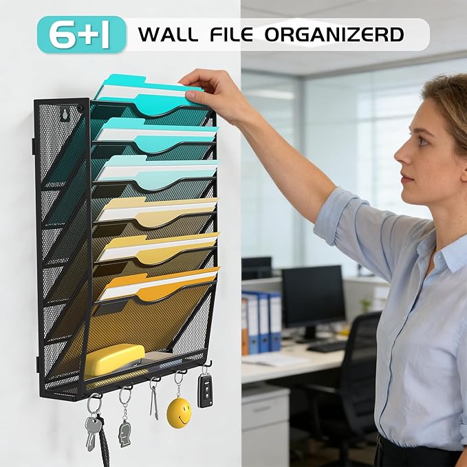 Delifox 7-Tier Wall File Organizer Hanging Wall File Holder Wall Mount Paper Folder Organizer, Mesh Mail Paper Orgnization Hanging File Folder Holder for Home Office, Black