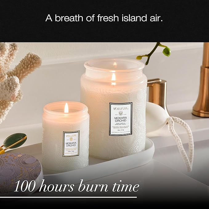 Voluspa Mokara Orchid, Large Candle Jar, 18 oz, 100 Hour Burn Time, All Natural Wicks and Coconut Wax for Clean Burning, Vegan, Poured in The USA