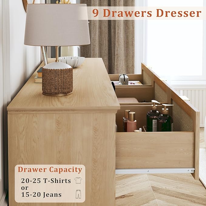 HUAHUU 9 Drawer Dresser for Bedroom, 60 Inch Long Dressers & Rattan Chest of Drawers, Large TV Stand for 55, 65, 70 Inch TV, Boho Style, Modern Dresser for, Living Room, Entryway, Bedroom, Natural Oak