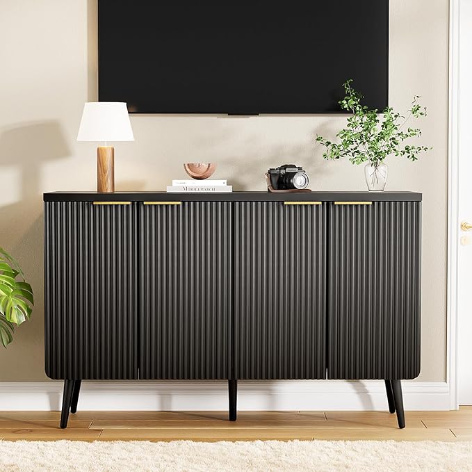 47.2" Sideboard Buffet Cabinet with Storage, Modern Fluted Accent Credenza with 4 Doors, Buffet Media Console Entryway Cabinets with Adjustable Shelves for Living Dining Room Hallway, Black