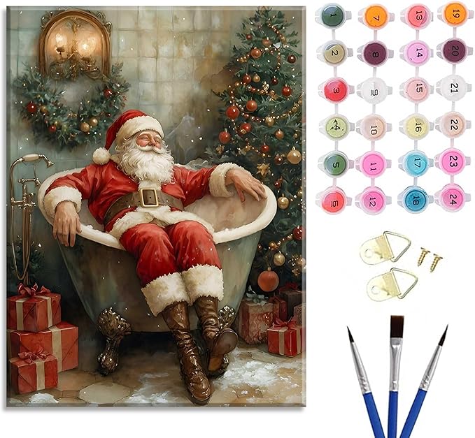 Paint by Number Kit for Adults & Kids, Santa in Bathtub Christmas DIY Painting Kit, 16x20 Inch Canvas, Holiday Gift Home Decor Art Project Framed